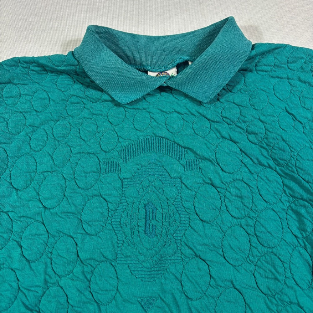 Vintage 80s Buckingham Quilted Collared Sweatshirt Womens M Teal Green Grandma - Picture 3 of 7
